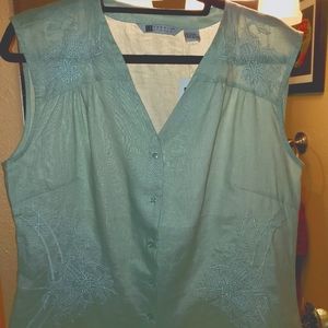 Vintage Carole Little NWT linen embroidered sleeveless blouse Sz L SeaFoam Green